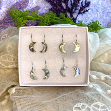 Load image into Gallery viewer, Labradorite Moon Hoop Earrings