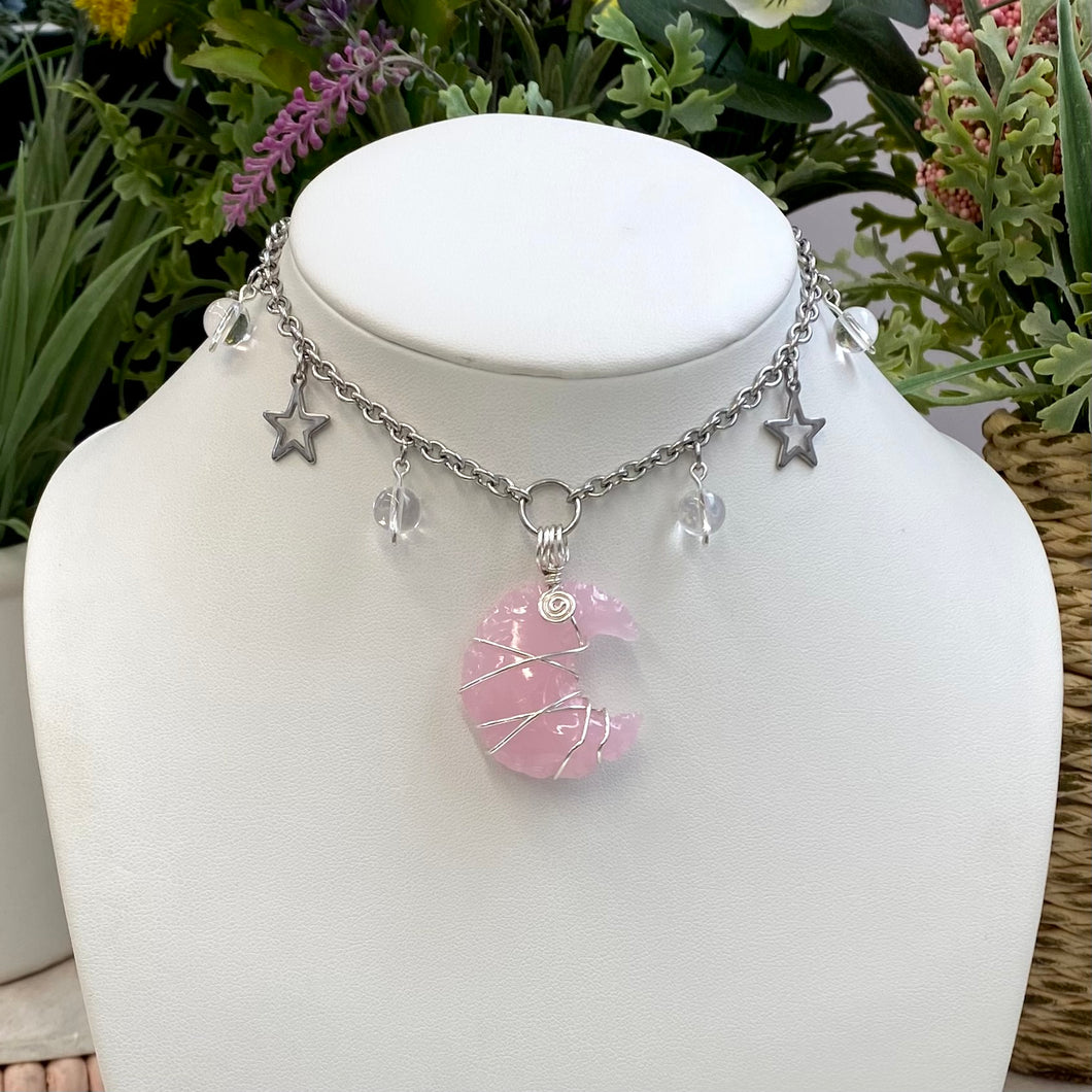 Rose Quartz & Clear Quartz Charmed Moon Choker