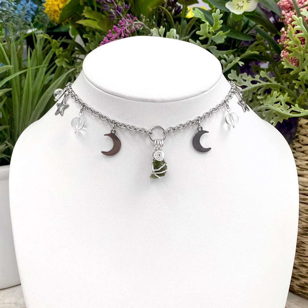 Moldavite & Clear Quartz Charmed Moon Choker