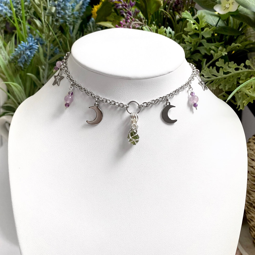 Moldavite & Amethyst Charmed Moon Choker