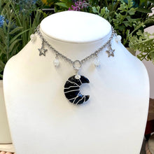 Load image into Gallery viewer, Obsidian &amp; Rainbow Moonstone Charmed Moon Choker
