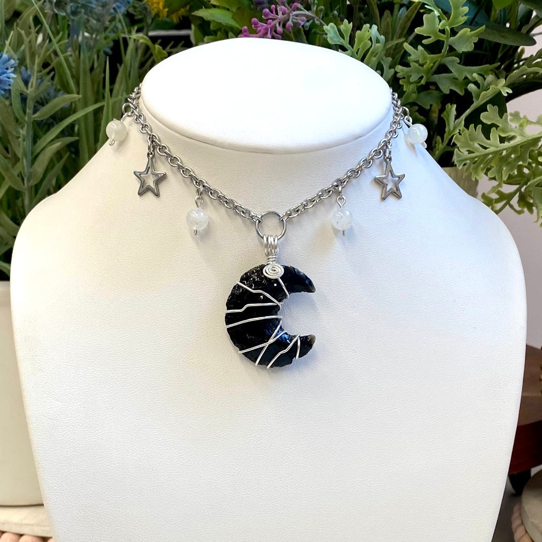 Obsidian & Rainbow Moonstone Charmed Moon Choker