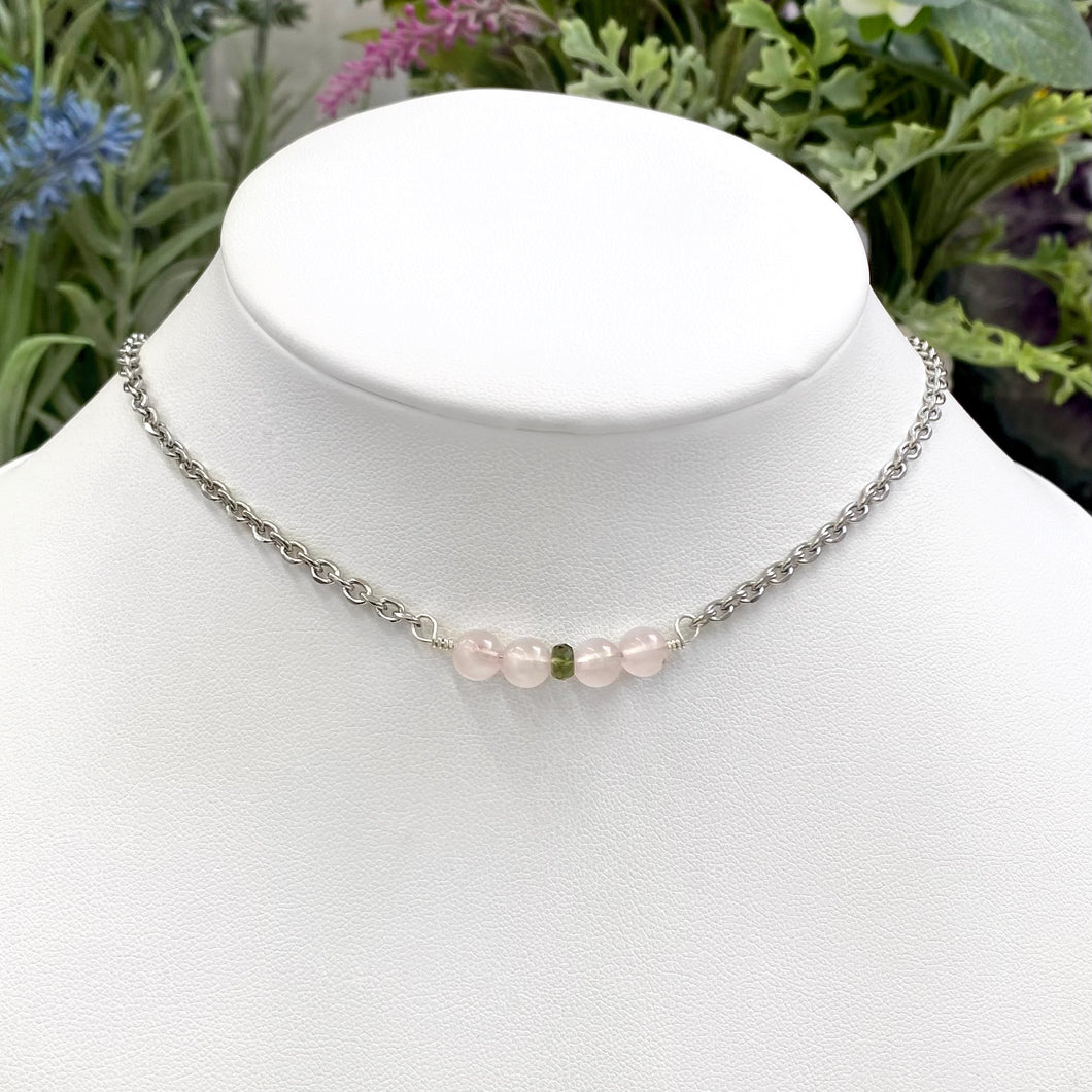 Moldavite & Rose Quartz Bead Necklace